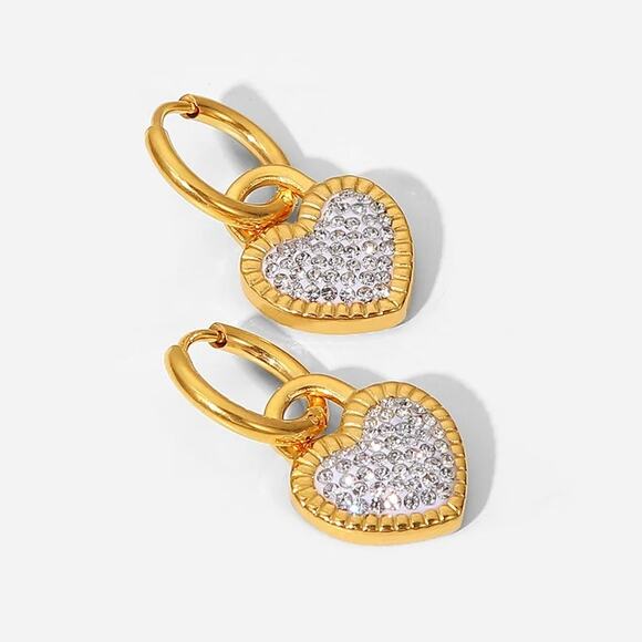 White‎ Heart Pendant Zircon Hoop Earrings - 18K Gold Plated Stainless Steel - Picture 4 of 8